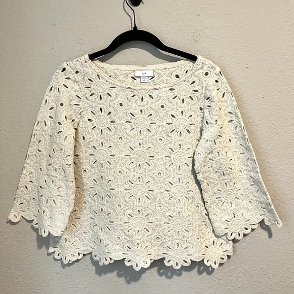 J. Jill Tops - J. Jill Women's Barley Crochet Top Petite S Cream Floral Eyelet 3/4 Slv Cottage